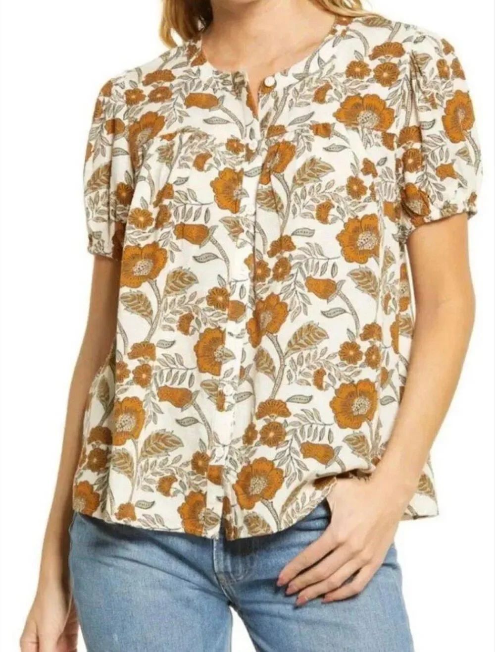 Faherty Juliet Floral Button Down Top | Brown and White in XS